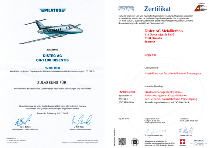 zertifikat iso9100 pilatus distec ag Metalltechnik